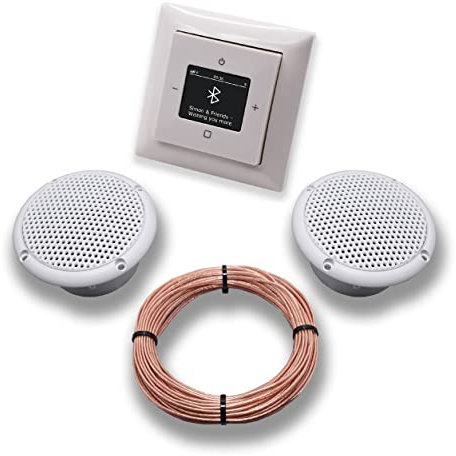 Busch Jäger DAB+ Unterputz Bluetooth (in and out) Radio 8217U-101 Balance SI Alpinweiß, Komplett-Set mit 2 x Decken Feuchtraumlautsprecher/Badezimmer + 20 m Lautsprecherkabel 2x0,75 mm2 8217 U - 101