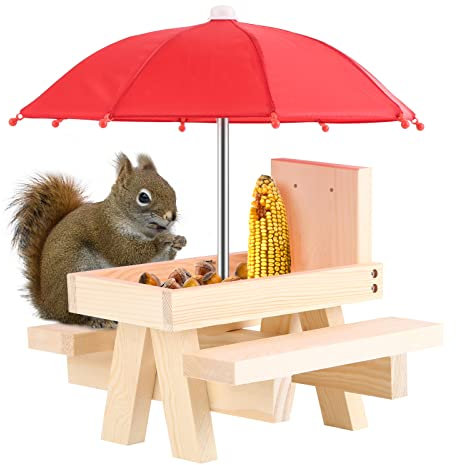 Eichhörnchen- Futtertisch mit Regenschirm, Lustiger Eichhörnchen- Tisch mit haltbarem Maiskolben- Halter Wildfutter- Aufbewahrungsbox im Freien Garten Ornamente für Chipmunk Wildlife Bird Feeder