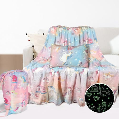 2 Stück leuchten in der dunklen Decke Einhörner Geschenke für Mädchen - für 3 4 5 6 7 8 9 10 Jahre alte Mädchen Geschenke Geburtstag weiche Decke 200 x 150 cm und Kissenbezüge 60x40 cm