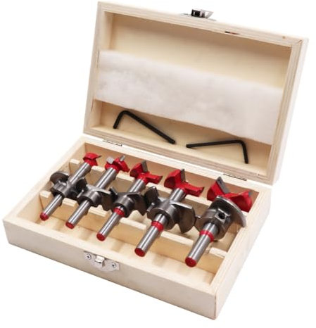 ANBOO Juego de 5 brocas Forstner de 15/20/25/30/35 mm, cortador de bisagra con tope de profundidad, juego de brocas Forstner para carpintería, broca de perforación para madera, plástico y madera