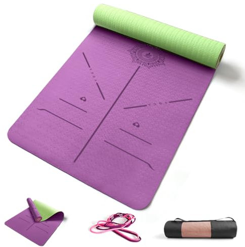 FP-TECH TAPPETINO DA YOGA IMBOTTITO ANTISCIVOLO FITNESS PILATES GINNASTICA IN TPE MAT CON SACCA 183 X 68 X 0.8 CM (Viola-VerdeChiaro)