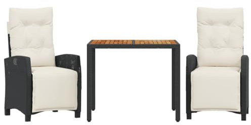 vidaXL 3-TLG. Garten-Essgruppe mit Kissen Schwarz Poly Rattan