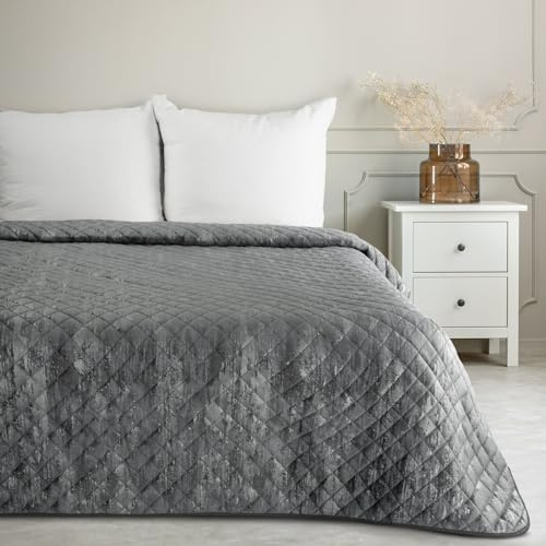 Eurofirany Marmor Decke Tagesecke mit elegantem Muster für Doppelbett Samt Velours Glamour Dekorativer Bettüberwurf (Stahl+Silber, 220X240 cm), BLINK3