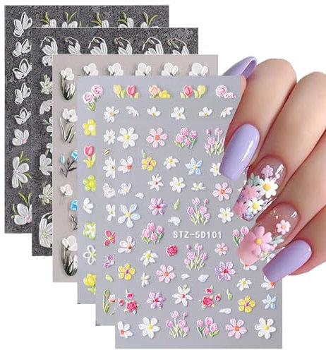 EUZUXU 6 Feuilles Fleur Stickers Ongles Nail Art Autocollants Ongles Autoadhésif 5D Deco Ongle Nail Art Design Manucure