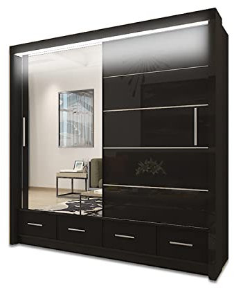 UK SLIDING WARDROBE Modern High Gloss 2&3 Mirror Sliding Doors Wardrobe With Adjustable Shelves, Hanging Rails with LED Light,Bedroom Furniture (BLACK, 208cm)