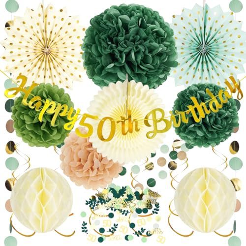 50. Geburtstag Deko für Frau und Mann - Party Set Grün Gold mit Happy Birthday Girlande, Pompons, Konfetti, Wabenbälle und Punkte Girlande