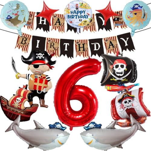 Piraten Geburtstagsdeko, 6 Jahre Kindergeburtstag Piraten Deko, Piratenschiff Hai Folienballon, Geburtstag Banner, Kindergeburtstag Piratenparty Dekoration (6)