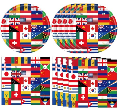 DURYGEN International World Flags Tableware Set International Flags Decorations Plates and Napkins for Travel Trip Around the Globe Retirement,School, Sports Events, Grand Opening, Party