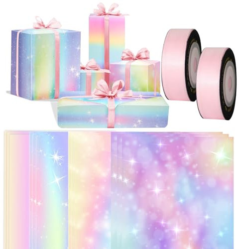 Lot de 12 rouleaux de papier cadeau d'anniversaire dégradé arc-en-ciel pour fête des mères pour femmes et filles avec ruban adhésif (50 cm x 70 cm)