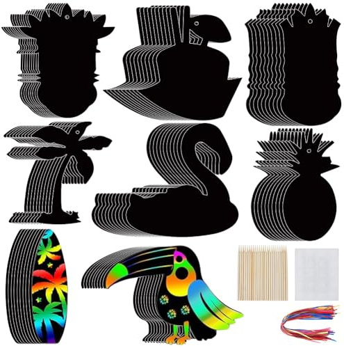 CRASPIRE 80pcs Hawaiian Scratch Paper Flamingo Pineapple Beach Palm Tree Rainbow Scratch Art Cards Creative Holiday For Fun Party Favour Supplies DIY Crafts Pendant Kit Set With Ribbon Bamboo Sticks