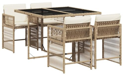 vidaXL Garten Essgruppe 5-TLG., Gartenmöbel Set Tisch mit 4 Stühle, Gartengarnitur mit Kissen, Sitzgruppe Essgarnitur Terrasse, Beige Poly Rattan