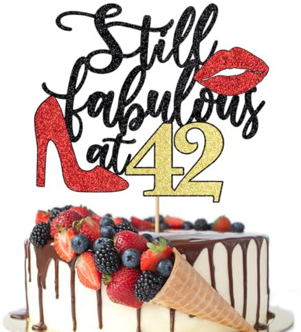 Crseniny Still Fabulous at 42 Cake Topper,Happy 42nd Birthday Queen High heels Big Red lips Cake Topper,Women 42nd Birthday Party Cake Decorations