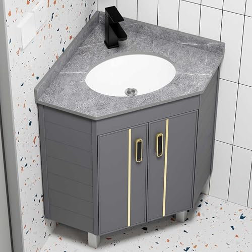 Meuble de salle de bain d'angle avec lavabo à poser au sol en céramique avec robinet chaud et froid Combo espace de rangement pour petite salle de bain