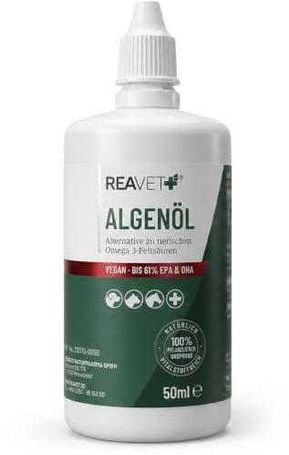 ReaVET Algenöl für Hunde, Katzen & Pferde 50 ml – Hochkonzentriertes veganes Omega-3-Öl aus Mikroalgen mit bis zu 61% EPA & DHA – Fischfreie Alternative zu Lachsöl & Fischöl