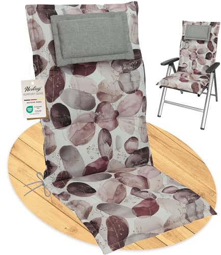 Herlag Hochlehner-Gartenstuhlauflage AVA 123x50x9cm | Extra Dicke Sitzauflage 9 cm mit Kopfpolster | Polsterauflage mit Deluxe-Komfort | Öko Tex 100 | 1 Polster | Motiv Aquarell Bordeaux