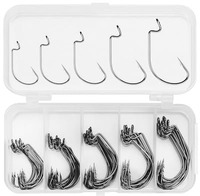 TPZORJX 1 Satz Offset-Haken 50 Stück Angelhakenset Offset-Wurmköderhaken 5 Größen Dropshot-Haken mit Kunststoffetui Wurmköderhakenset aus Kohlenstoffstahl Weichköderhaken Angelzubehör