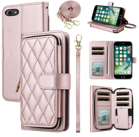 Furiet Argyle Wallet Case for iPhone 7/8/SE 2020/2022 with Wrist Strap Shoulder Strap Card Slot Phone Cover for iPhone7 iPhone8 7s 8s i SE2020 SE2022 2/2nd/3/3rd Generation SE2 SE3 7SE 8SE Rose Gold
