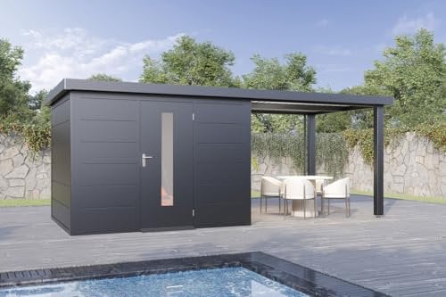 Finnhaus Wolff Metall-Gerätehaus Thorin 6024 Anthrazit Gerätehaus aus Metall in Anthrazitgrau, Geräteschrank inklusive Terrasse inklusive Schleppdach Gartenhaus