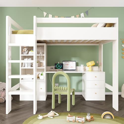 Kinderbett Etagenbett 90x200, Hochbett mit Kleiderschrank, Aktenschrank & Schreibtisch mit USB-Ladefunktion, Funktionsbett Holzbett Bettgestell mit Rausfallschutz und Lattenrost, Ohne Matratze, Weiß