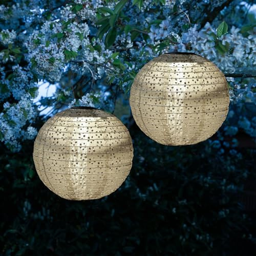 LED Solar Lampions mit Blumenmuster beige 25cm für Party Balkon Terrasse outdoor 2er Set Gartenlampion mit Sensor wetterfeste Solarlampe hängend Laterne (beige - 2 Stück (rund))
