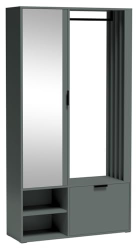 MEBLINI Garderobenschrank Flur mit Spiegel - Garderobe Schrank - Flurgarderobe schmal - Garderobe Flur Möbel Set - Flurschrank hoch - Milano Uni - 100x33x190cm R/L - Grün mit Sitzbank