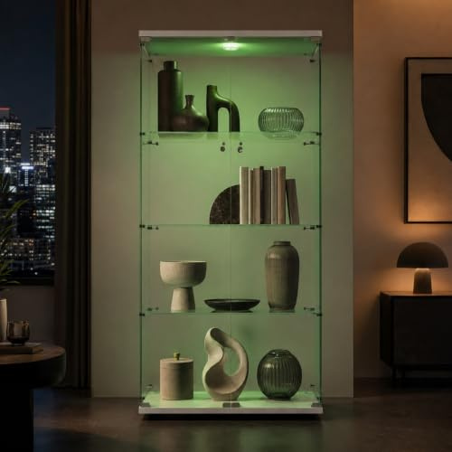 MGMYM Glasvitrine Weiß mit LED-System, Standvitrine 4 Ebenen mit Schloss, Vitrinenschrank aus gehärtetem Glas, Sammlervitrine für Wohnzimmer, Figuren, Bücher, Gläser, Dekoration, 80x36x164 cm