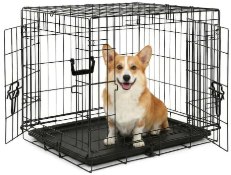 Harbour Housewares 2 Door Metal Dog Crate with Removable Tray - Small | Black Powder Coated Steel, Two Door Design, Removable Tray, Folding, Slide Latches, Portable Dog Crate, Indoor & Travel Use