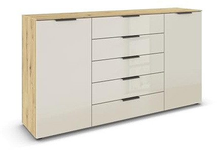 Rauch Möbel Flipp, Kommode, Farbe Glas Beige/Eiche Artisan, Breite 180 cm | Sideboard, 2-türig, 5 Schubladen, Glasfront, Soft-Close-Funktion, für Schlafzimmer, Gästezimmer, Wohnzimmer, Garderobe, Flur