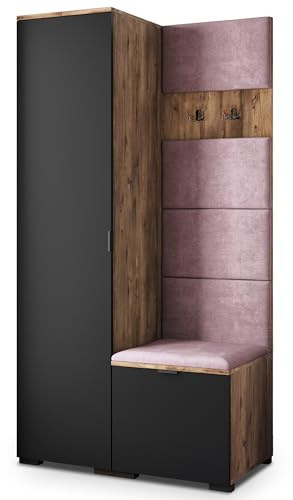 Masseno Flugarderoben Set Lori, Kleiderschrank-Set mit Sitzbank, Garderobenschrank Flur mit 3 Regalböden, Eiche Lefkas/Schwarz