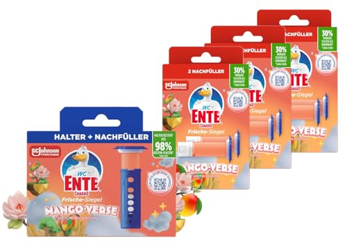 WC-Ente Frische-Siegel Mango Verse Starter Set + 7 Nachfüller, WC Reiniger Gel, Fruchtiger Duft, Toilettenreinigung, Vorratspack