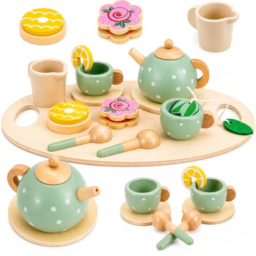 EVERGOODS Wooden Afternoon Tea Set for kid– Children’s Tea Party Set Teapot