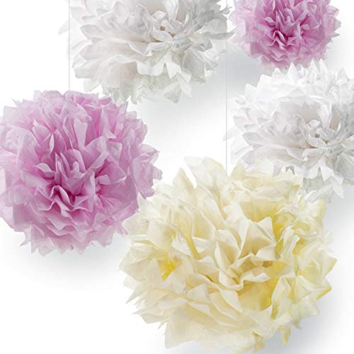 Pumpko® Decor 10er Seidenpapier Pompons Deko-Set | Dekoration für Ihre Hochzeit und Party | Rosa Crème Weiß | Inklusive Ponpon PDF Aufbauanleitung