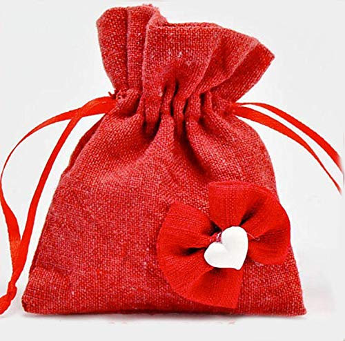Sacchetto per confetti in juta di colore rosso completo di fiocchetto in juta e gessetto a forma di cuoricino, chiusura con tiranti laterali - Bomboniere laurea (kit 48 pz con confetti rosa)
