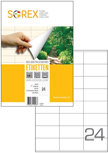 Sorex 70x36 mm Universal Etiketten Selbstklebend Weiß für alle Drucker, 100 Blatt DIN A4, Premium Aufkleber, Starke Klebekraft, Barcode, Adressetiketten, Live Geschnitten, 24 Etiketten/Blatt