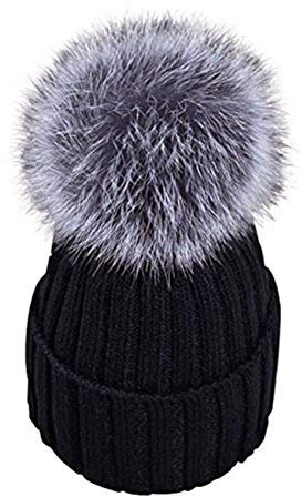 feifanshop Damen Mütze Strickmütze mit Fellbommel Fuchspelz Echtfell Fell Pelz Bommel Strick Mütze Winter-Mütze Bommelmütze (schwarz)
