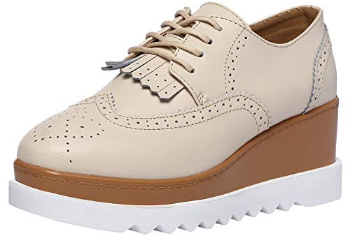 ANUFER Femmes Haut Plateforme Creepers Lacer Richelieu Gland Talon Compensé Bout Carré Trainers Chaussure