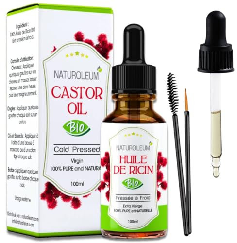HUILE DE RICIN 100% BIO NATUROLEUM pressée à froid, Pure et Naturelle - Extra Vierge - Soin nourrissant pour Cheveux, Cils, Ongles, Peau, barbe (100 ml)