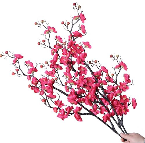 cn-Knight 3 rami di fiori di ciliegio artificiali, 94,5 cm, fiori di prugno in seta con boccioli, realistici albicocche giapponesi per decorazioni per la casa, centrotavola, bouquet da sposa, rosso