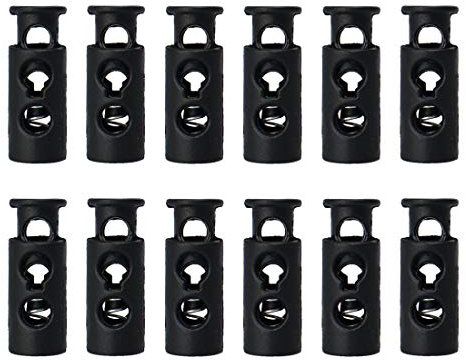 Sourcing Map Kunststoff-Federschnurstopper, Doppelloch, Knebelverschluss, Seilende für Kordelzüge, Schnürsenkel, Taschen, Spanngurte, schwarz 12 Stück