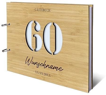 Personalisiertes Geburtstag Gästebuch Bambus Cover Naturpapier 72 Blätter | 144 Innenseiten DIN A4 quer 302 x 215 mm - 60 Jahre