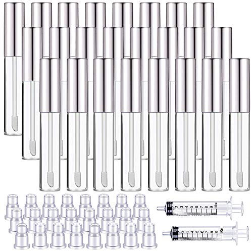 24 transparente Lipgloss-Tuben mit Pinselspitze, nachfüllbarer Lippenglasurbehälter und 2 10 ml Kunststoffspritze für DIY-Make-up (Silber)