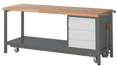 STIER Werkbank Premium mit abs. Fahrgestell und 3 Schubladen BxTxH 2000x700x880 mm