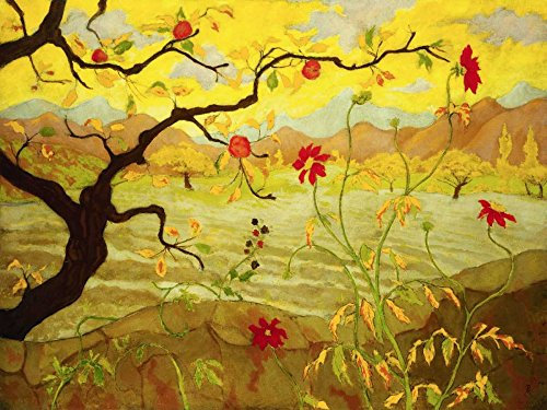 Kunstdruck auf Holz, Apfelbaum mit roten Früchten Ranson Paul – Querformat horizontales Bild Apfelbaum mit roten Früchten