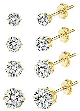 ALEXCRAFT Orecchini Punto Luce Oro Orecchini Donna Piccoli Punto Luce Antiallergici Set Orecchini Argento 925 Oro 4 Paia 3mm 4mm 5mm 6mm Ipoallergenico Piercing Brillanti
