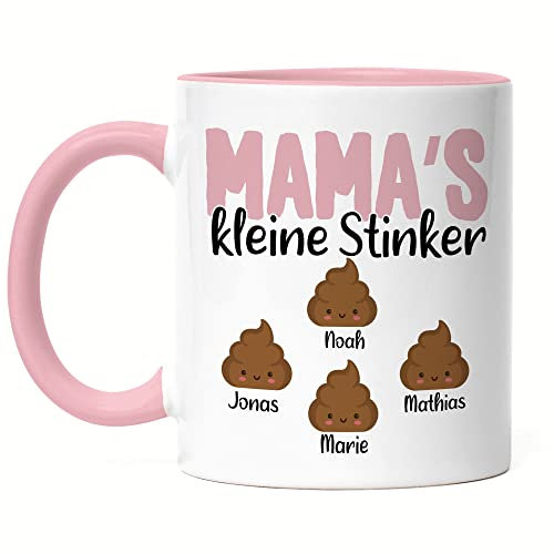 Kiddle-Design Mama's kleine Stinker Tasse Rosa Lustig personalisiert mit Namen Muttertag Kackhaufen Geschenk Mutter Mama 4 Kinder