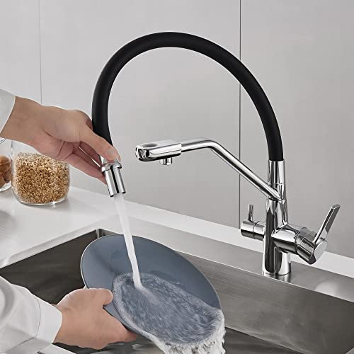 OUGOO 360° Drehbare Wasserhahn Küche mit Ausziehbar Mischbatterie, 3-Wege-Amatur Küchenspüle, Hochdruck, Edelstahl, Chrom