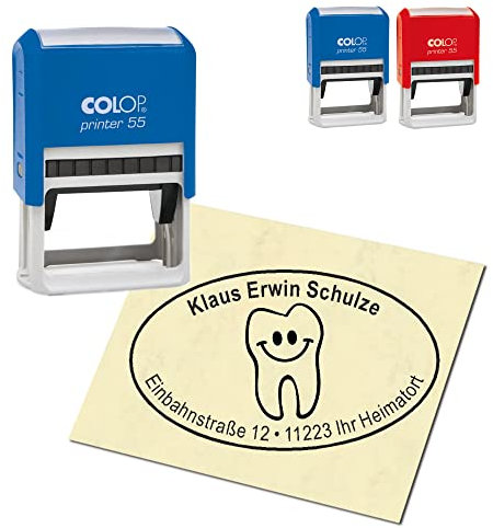 Adressstempel personalisiert Stempel - lachender Zahn - oval 59 x 39 mm Automatikstempel als Firmenstempel Namensstempel Bürostempel