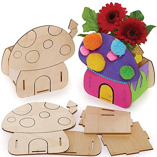 Baker Ross FC708 Feen Haus Holzbauten Set Blumentopf - 3er Pack, Bastelsets aus Holz für Kinder zum Basteln, zum Bemalen und Dekorieren