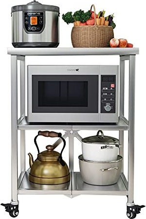 ZYFA 3 Böden Edelstahl Servierwagen mit Rollen Mikrowellen Regal Edelstahl Klappbar Mikrowellenregal Barwagen, mit Bremse, für Küche, Büro, Bad Outdoor Kitchen Design (Color : Stainless Steel, Size