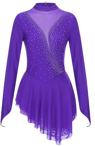 Oyolan Vestito da pattinaggio artistico, da donna, body da danza con strass, maniche lunghe/senza maniche, vestito da ginnastica performance S-XL, Tipo F viola, M